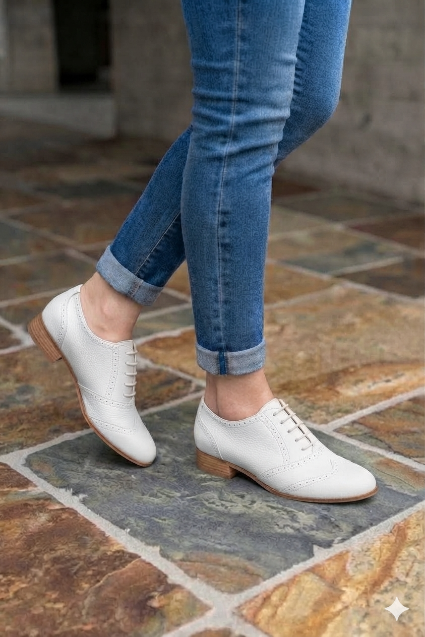 Women's off-white oxfords and derby shoes with round toe and leather sole - Worn view